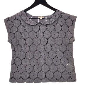 Lily White Womens Top Sz Small Gray Floral Crochet Collar Feminine Cottage Core